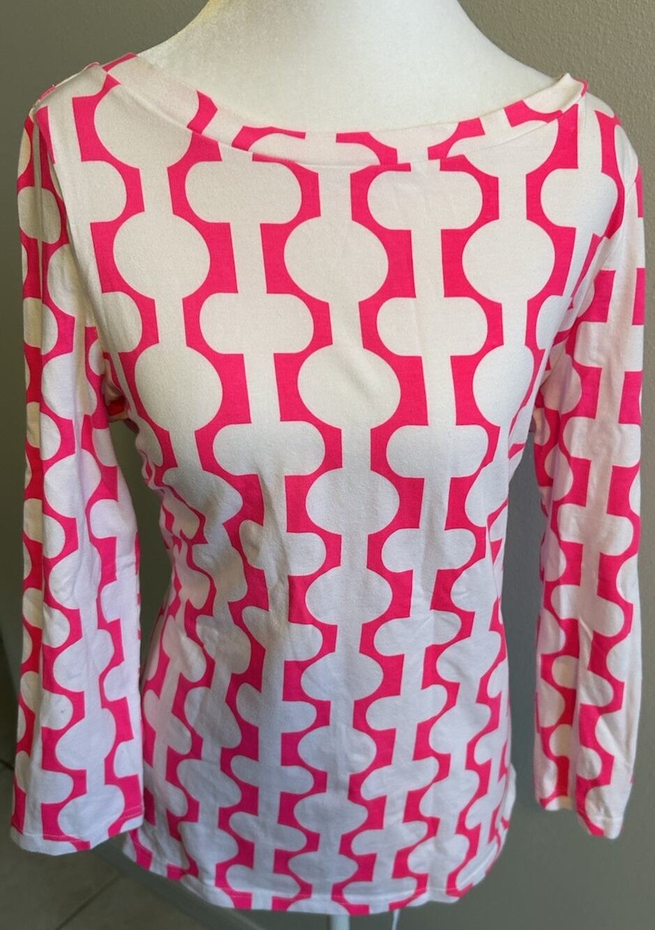 Gretchen Scott Women’s Tunic Shirt Neon Pink Geometric Boat Neck 3/4 Sleeve Med